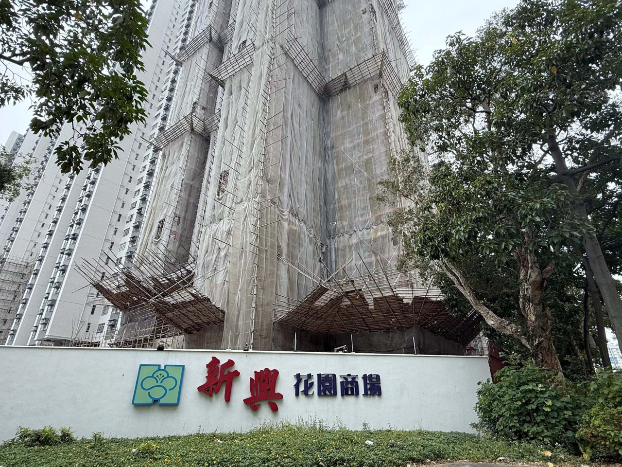 現場所見，目前仍有3幢樓宇及屋苑商場外牆裝有棚架。（盧紫菁攝）