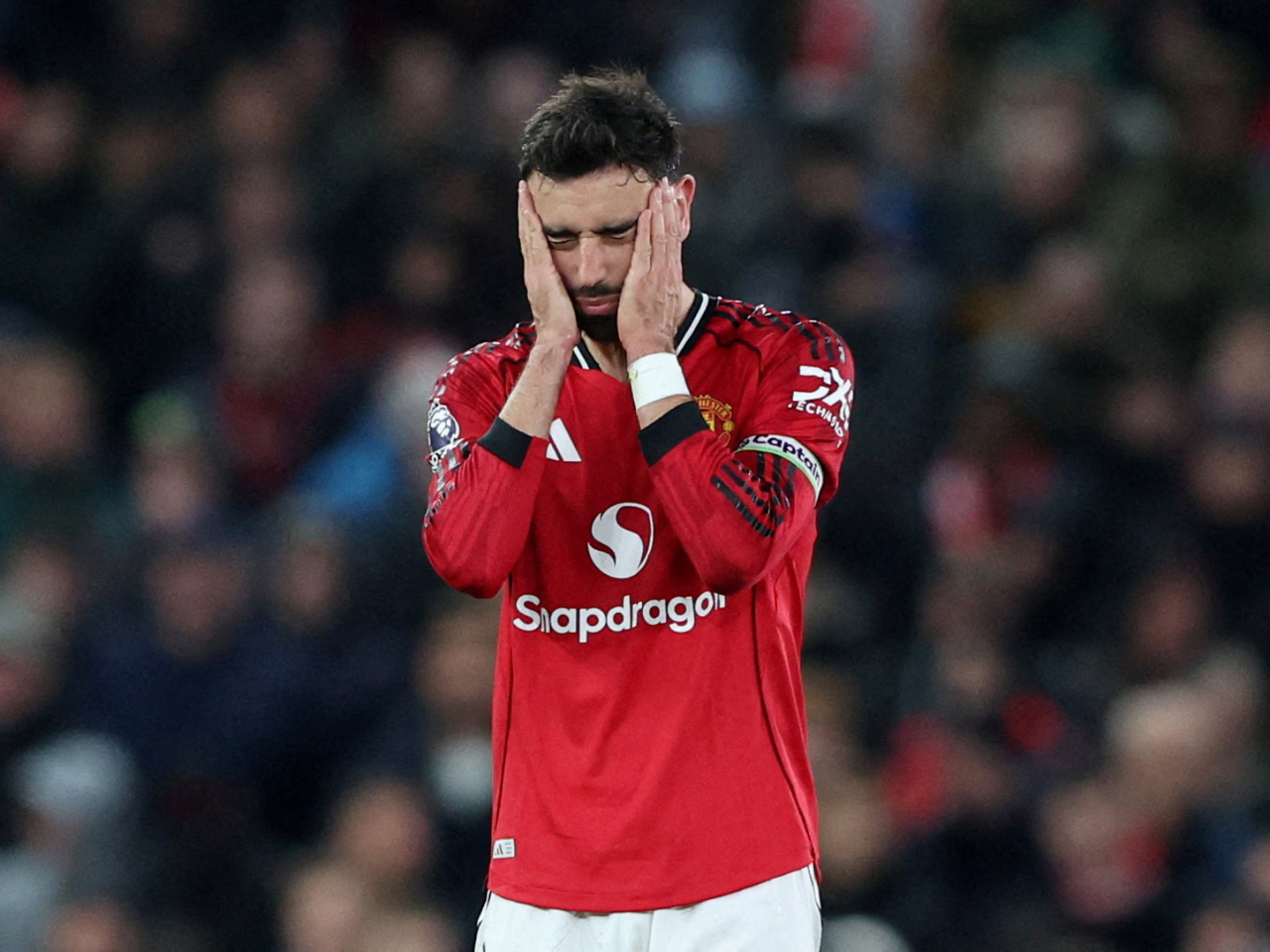 United captain Bruno Fernandes missed out on two golden chances to put his side ahead at Old Trafford. Photo: Reuters