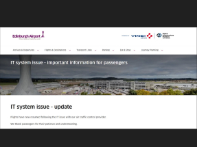機場方面表示空中交通管制系統技術故障問題，已獲解決，航班運行恢復正常。（愛丁堡機場網頁截圖）