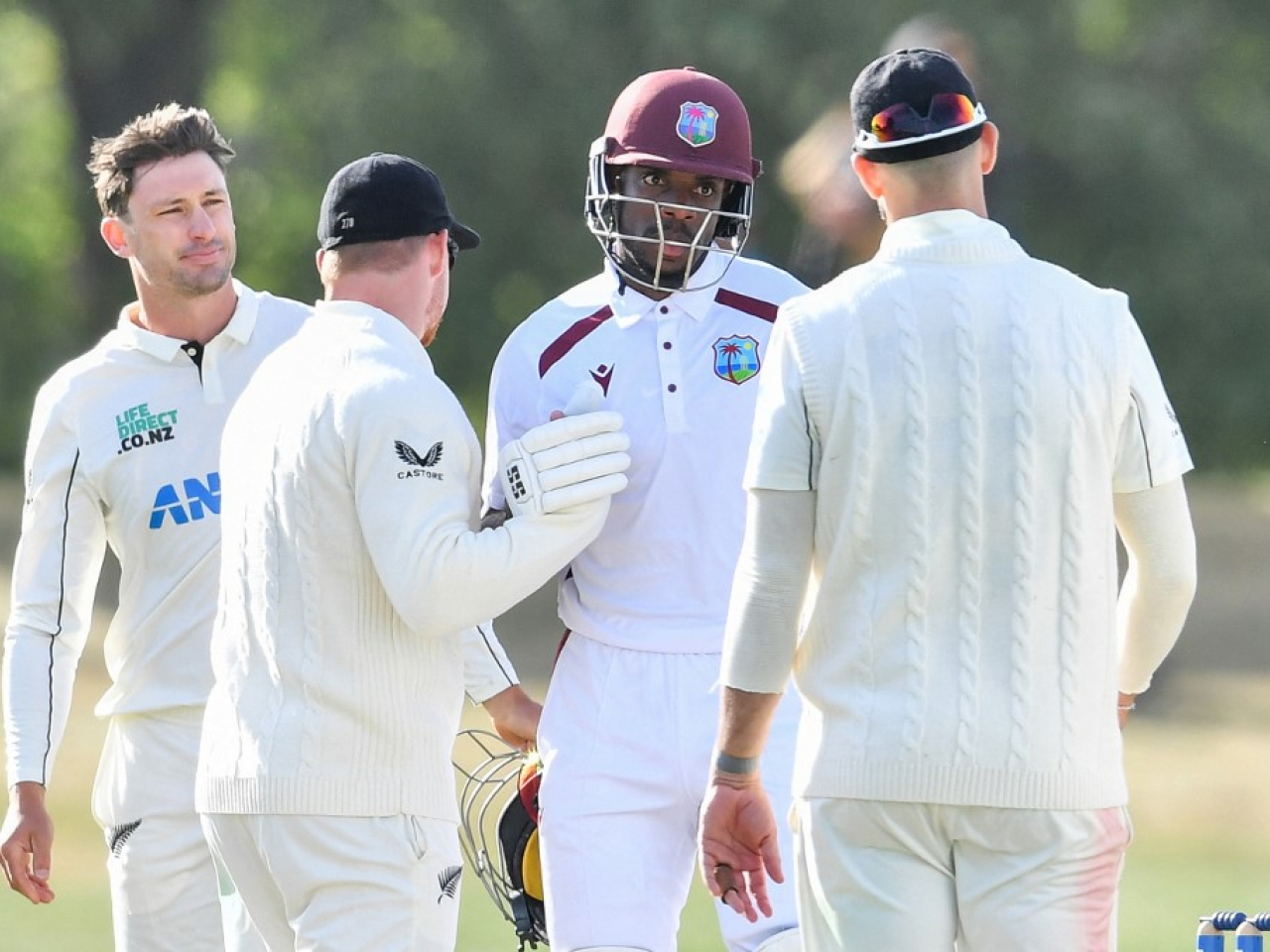 West Indies' Justin Greaves greets his New Zealand rivals after the draw in Christchurch. Photo: AFP