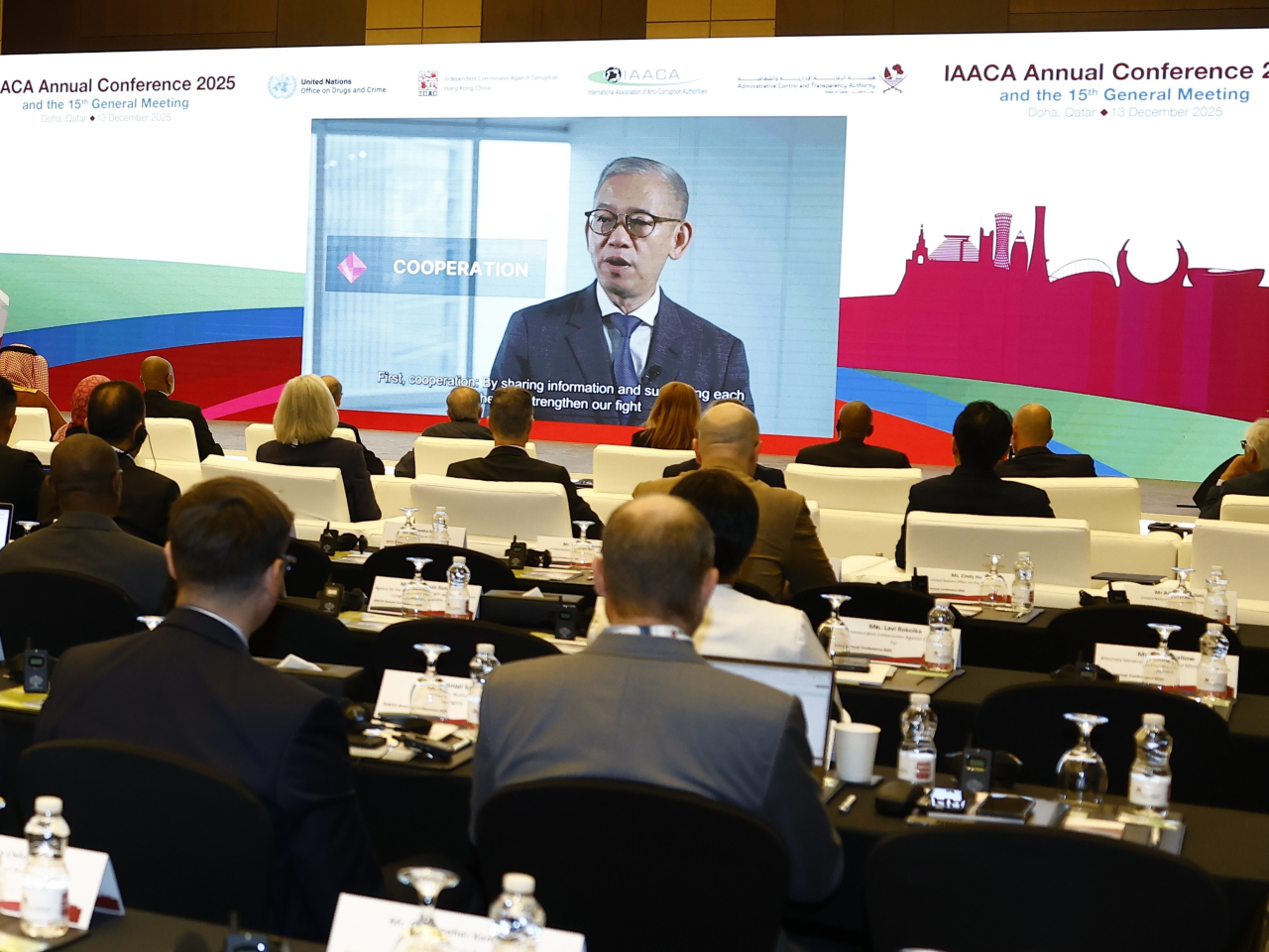 廉政專員胡英明以視像方式出席國際反貪局聯合會周年大會並致開幕辭。（廉署網站圖片）