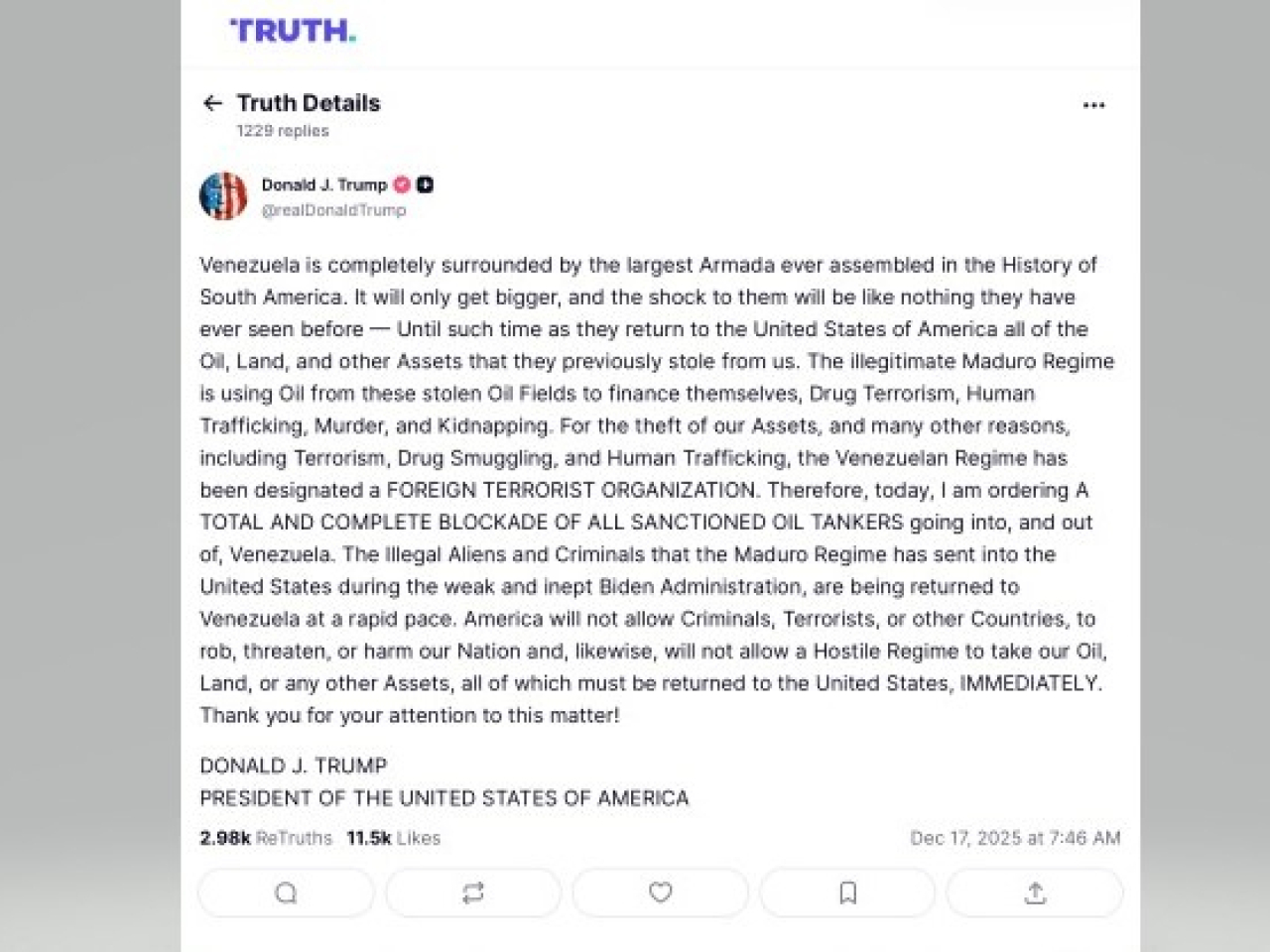 特朗普下令對所有進出委內瑞拉的受制裁油輪實施全面徹底封鎖。（網絡截圖）