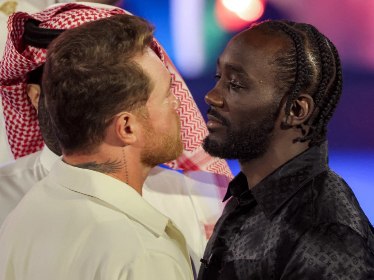 Terence Crawford (right) faced off against Canelo Alvarez during a press conference in June, ahead of their super-middleweight title fight. File photo: AFP