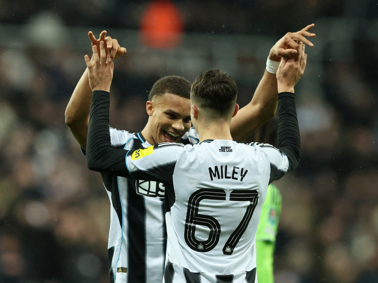 Newcastle United's Lewis Miley and Malick Thiaw celebrate after seeing off Fulham. Photo: Reuters