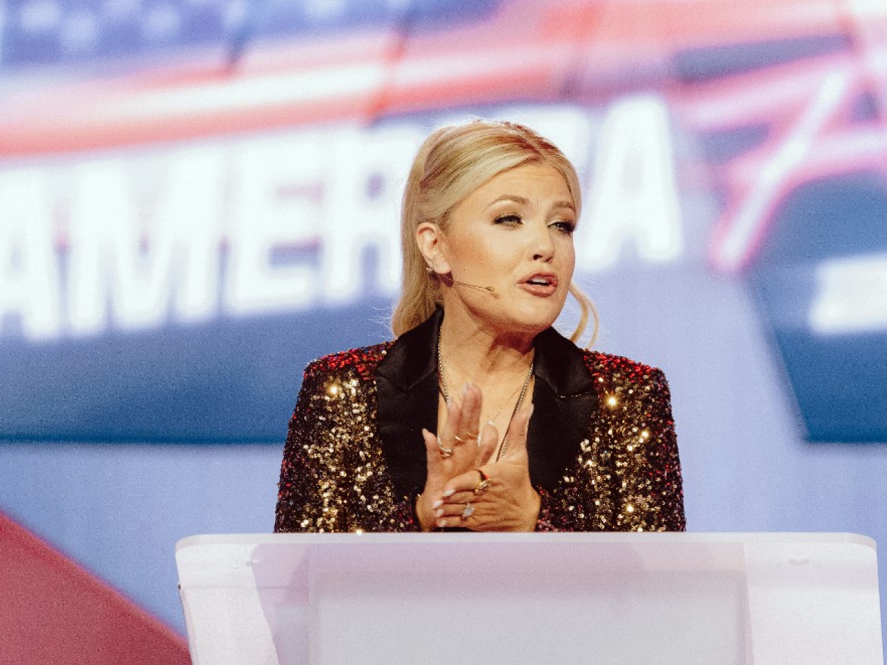 Erika Kirk speaks during Turning Point's annual AmericaFest conference in Phoenix, Arizona. Photo: AFP