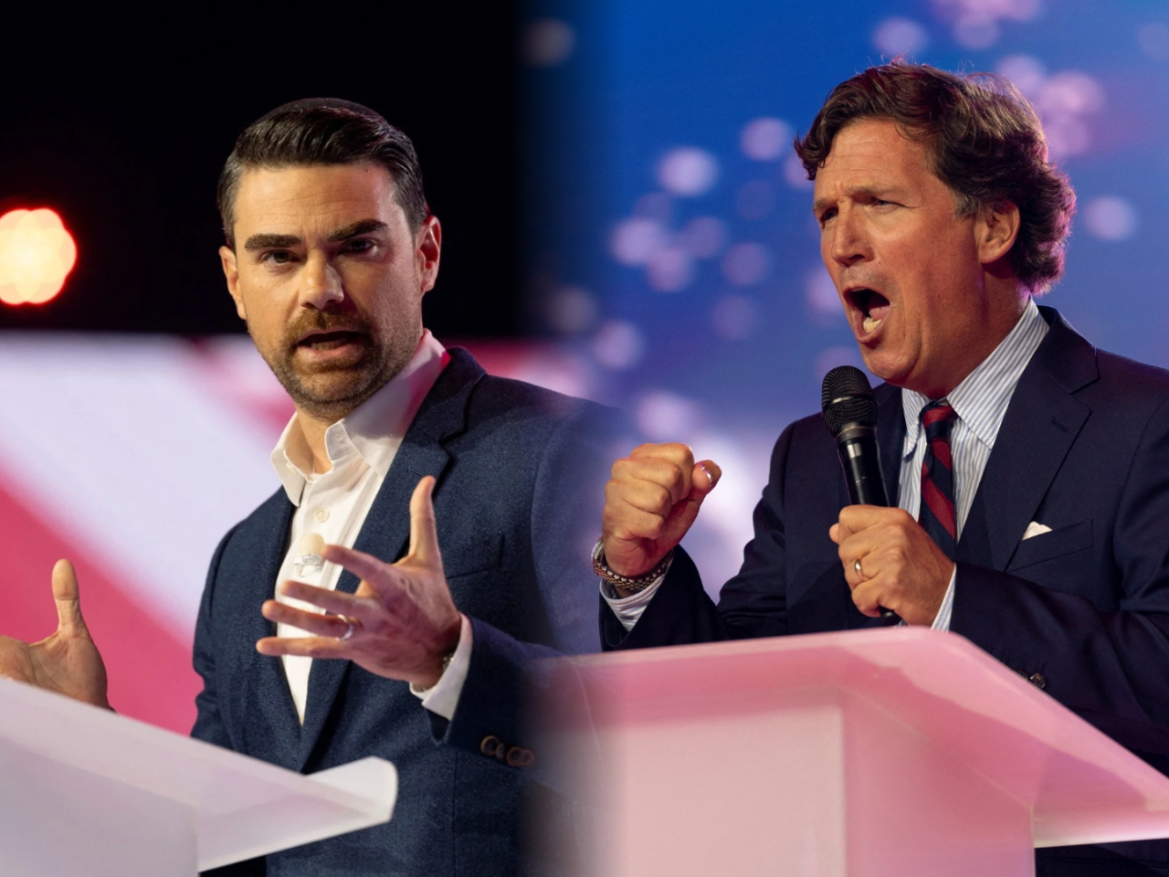 Ben Shapiro, left, lambasts charlatans who 'traffic in conspiracism and dishonesty' while Tucker Carlson takes him to task for suggesting censorship. Photos: Reuters