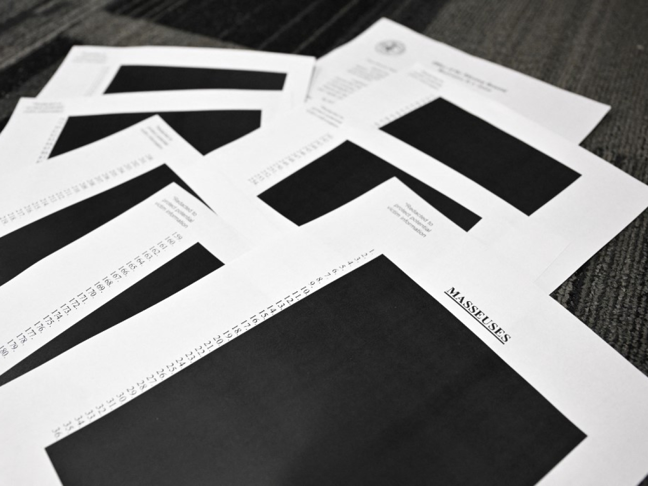 Scores of blacked-out sections were released with the note "redacted to protect potential victim information." Photo: AFP