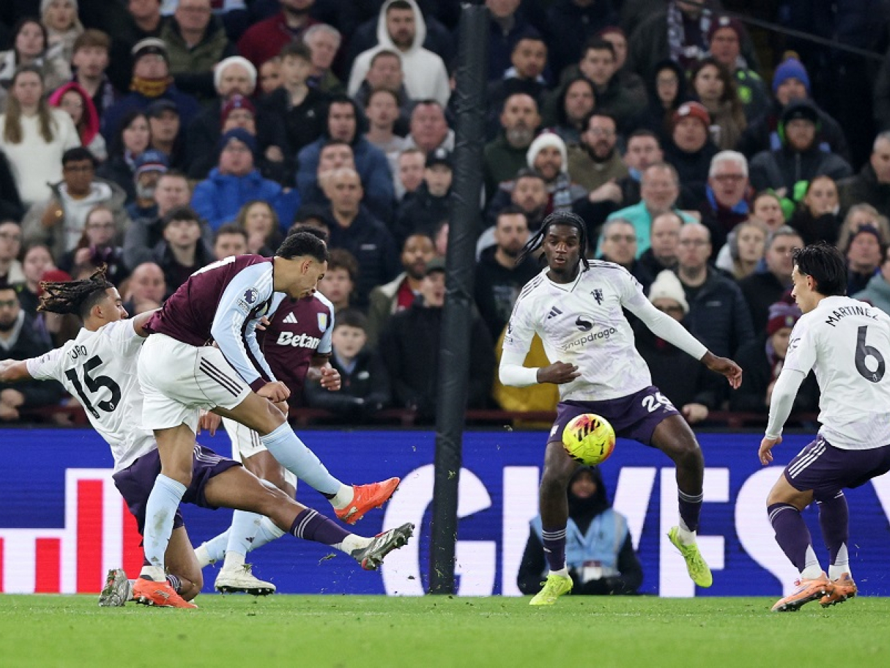 Morgan Rogers smacks home his second of the game to send the Villains third in the table. Photo: Reuters