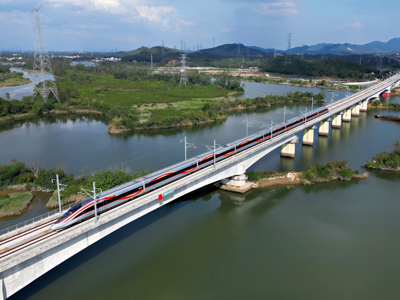 從湛江北站開往廣州白雲站的列車駛過豐頭河特大橋。（新華社）