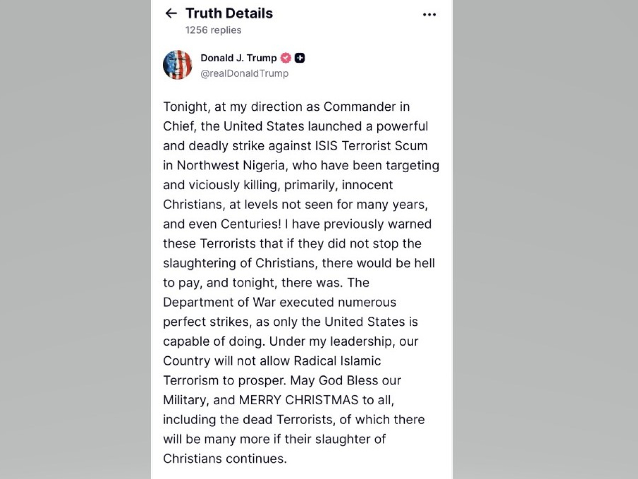 特朗普說，對尼日利亞極端組織「伊斯蘭國」恐怖分子發動打擊。（網絡截圖）