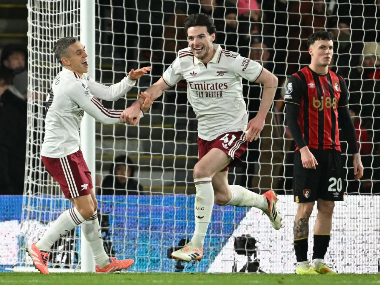 Arsenal's Declan Rice celebrates scoring their second goal on the way to the Gunners' 3-2 victory. Photo: AFP