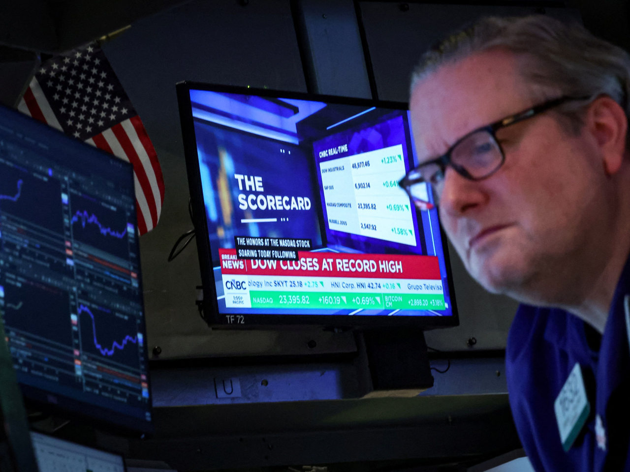 金融、能源及軍工股帶動美股造好，道瓊斯指數創新高，一度突破49000點。（路透社）