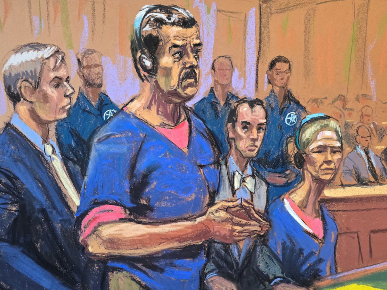 馬杜羅夫婦被帶到紐約南區聯邦地區法院首次出庭。圖為庭上繪圖。（路透社）