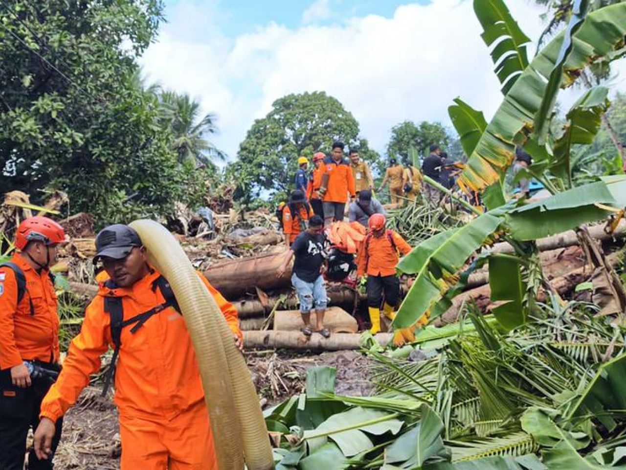 在北蘇拉威西省，多名救援人員正運送救援設備。（新華社）