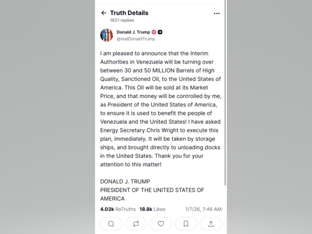 特朗普稱，這些石油將按市場價格出售，而這筆錢將由他，作為美國總統掌控。（網絡截圖）