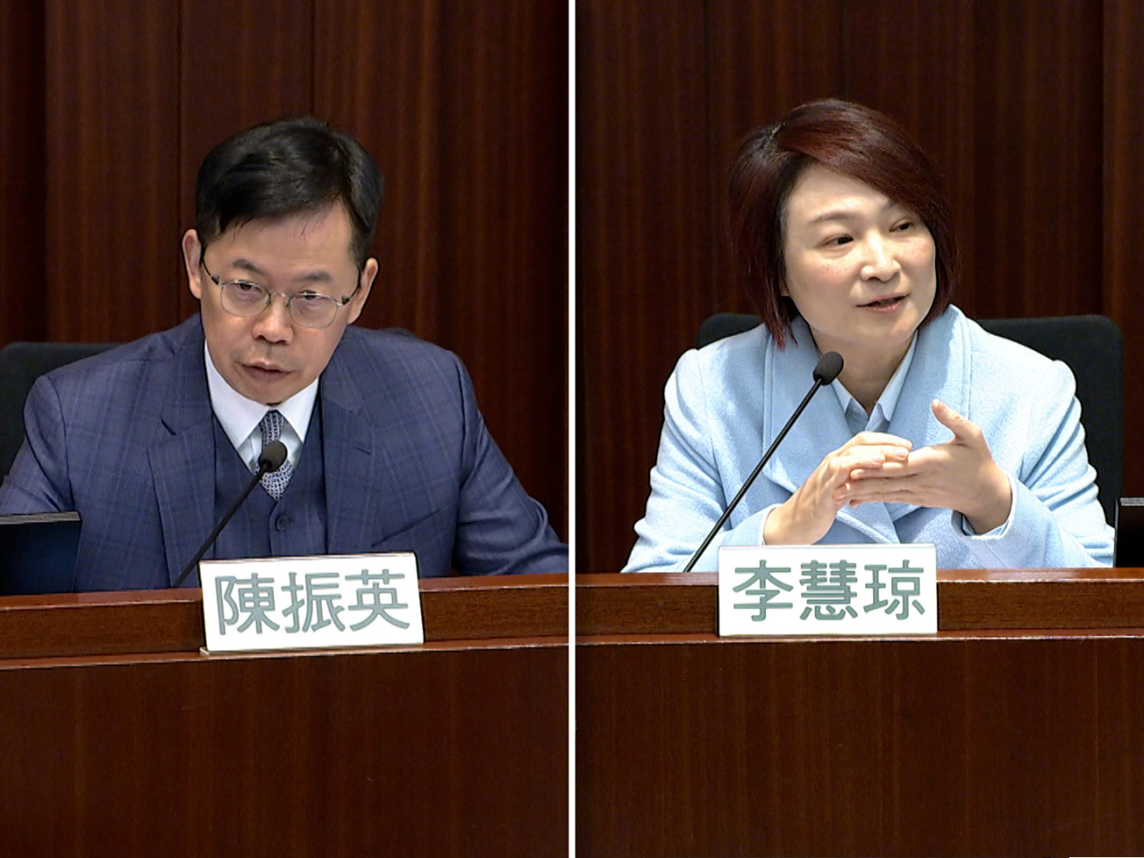 陳振英（左）表示，人大代表和立法會議員的角色是有關聯和互通之處。李慧琼（右）認為在主動對接國家發展戰略的時代，人大與立法會有互相促進作用。