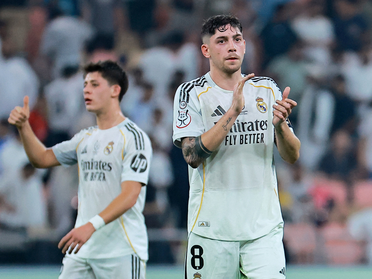 Fede Valverde, right, was among the goal-scorers in Real Madrid's win over their cross-city rivals. Photo: Reuters