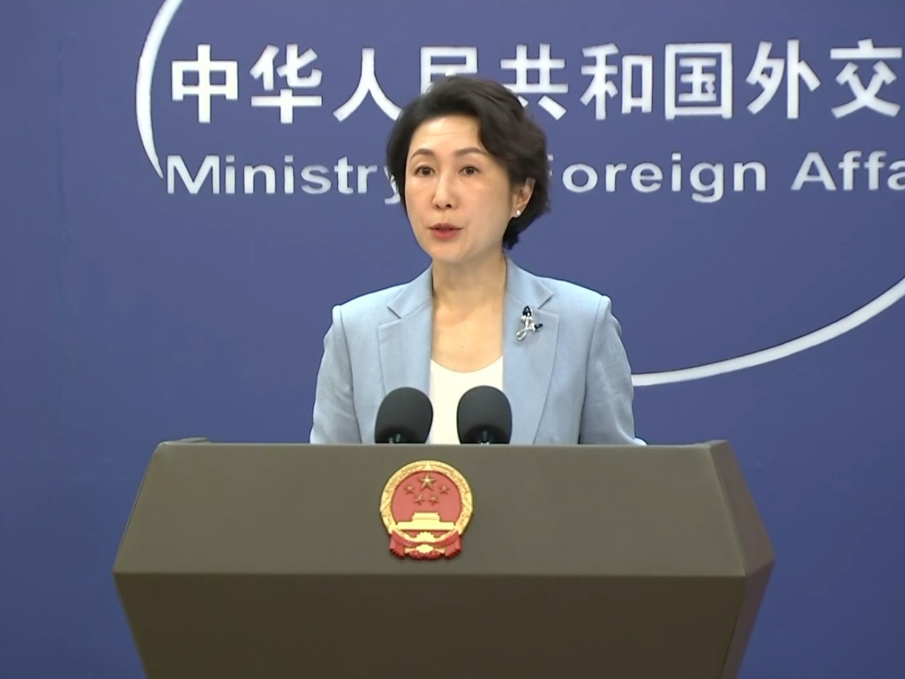 毛寧表示，台灣問題純屬中國內政，不容外部干涉。（央視圖片）