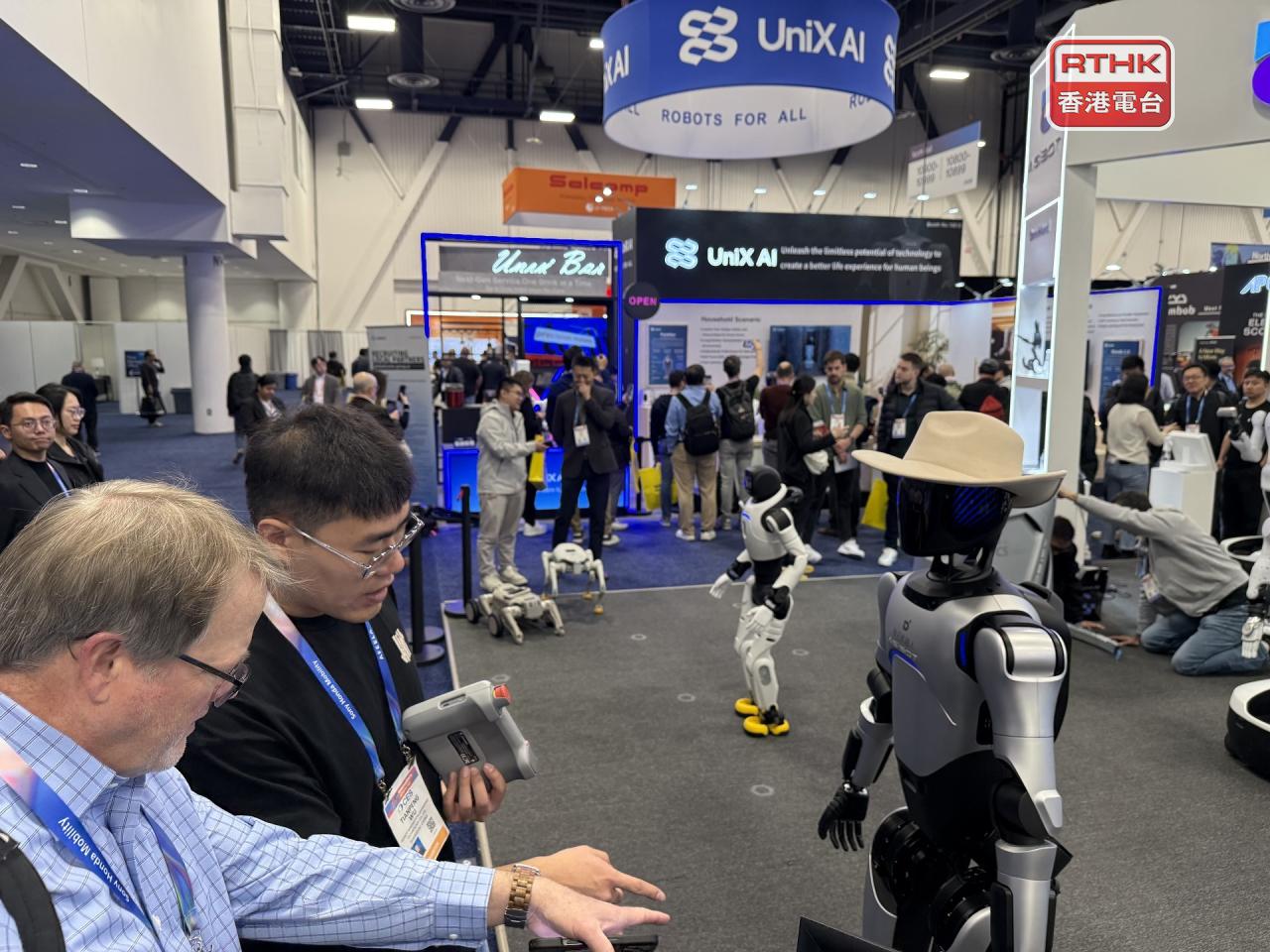 Chinese startup UniX AI showcases its range of humanoid robots at this year's CES. Photo: RTHK