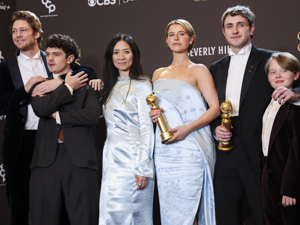 Director Chloe Zhao with her 'Hamnet' cast members after winning the Best Motion Picture &ndash; Drama award, including Jessie Buckley. Photo: Reuters