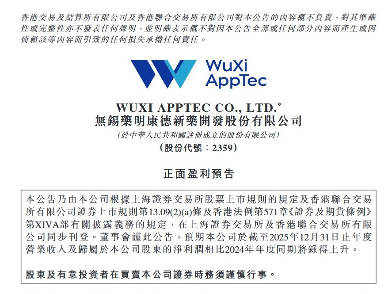 藥明康德預期去年盈利約191.5億元人民幣，按年升約1.03倍。（網上圖片）