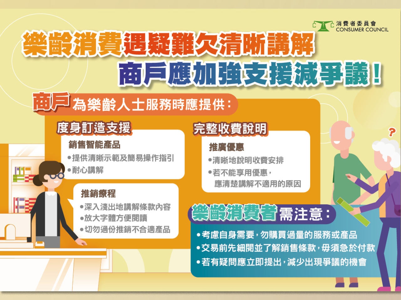 消委會呼籲商戶檢視銷售政策，為樂齡人士提供支援，在推銷療程或服務時亦應深入淺出講解合約條款，並放大合約條款字體。（消委會）