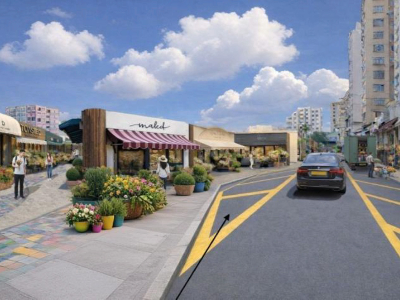 設計構想圖展示，計劃在花墟道增設上落貨位置及停車位，紓緩區內上落貨車位不足及人車爭路的問題。（市建局網頁）