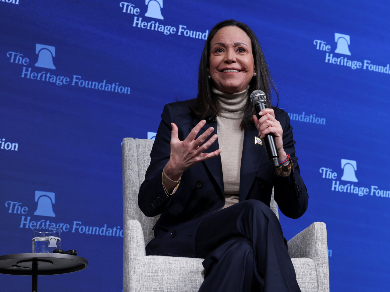 馬查多在美國華盛頓，出席一個由智庫主辦的新聞發布會，說非常有信心委內瑞拉能夠逐步實現民主選舉。（路透社）