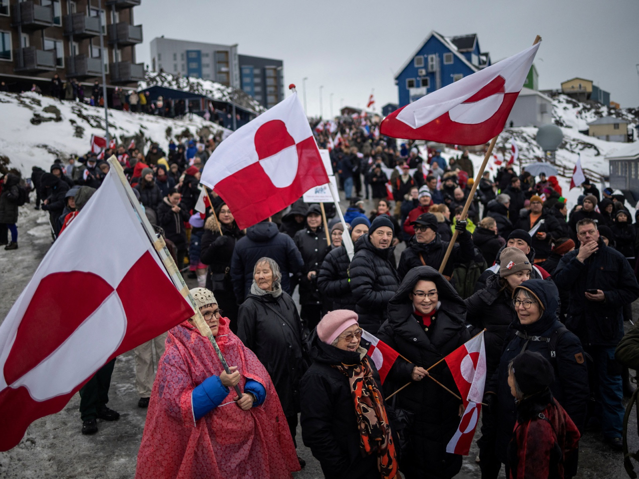 Protesters rallied in front of the US consulate in Nuuk, Greenland, against Donald Trump&rsquo;s demand that the Arctic island be ceded to the US, calling for it to be allowed to determine its own future. Photo: Reuters