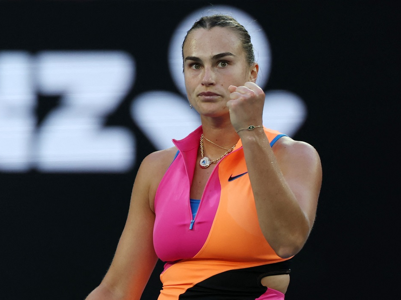 Belarus' Aryna Sabalenka reacts during her first round match against France's Tiantsoa Rakotomanga Rajaonah. Photo: Reuters