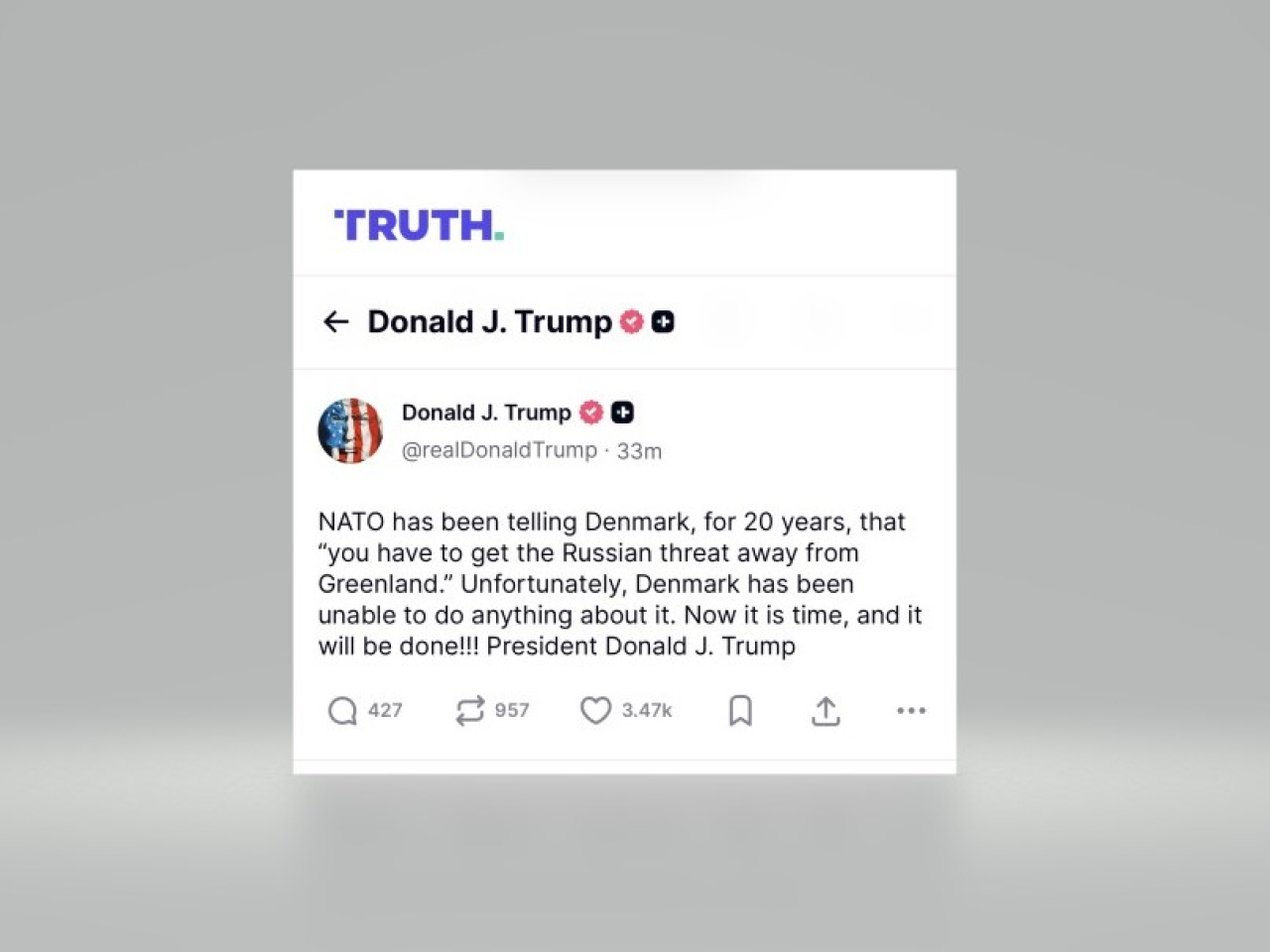 特朗普表示，北約20年來不斷告誡丹麥，必須消除俄羅斯對格陵蘭的威脅，可惜丹麥一直不作為。（網絡截圖）