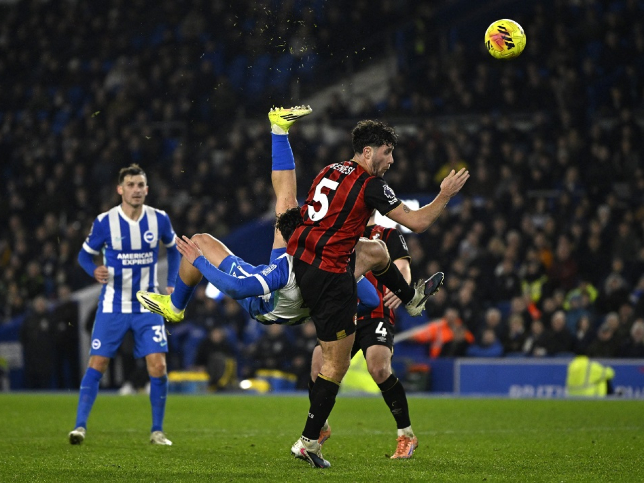 A spectacular overhead kick from Greek teenager Charalampos Kostoulas earns Brighton a point at the Amex Stadium. Photo: Reuters