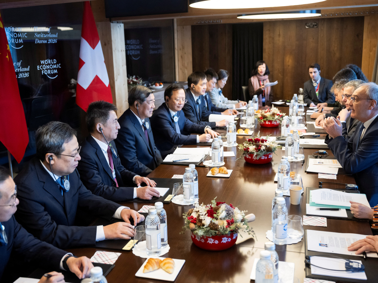 Vice Premier He Lifeng listens to Switzerland's Federal President Guy Parmelin during a bilateral meeting in Davos. Photo: Reuters