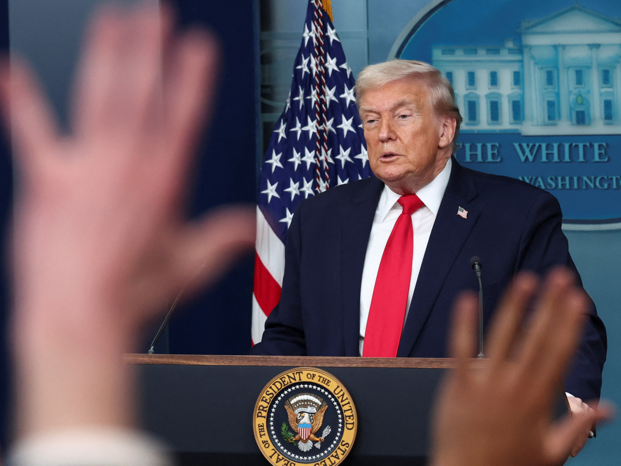 第二個總統任期滿一年的特朗普，星期二在白宮舉行記者會。（路透社）