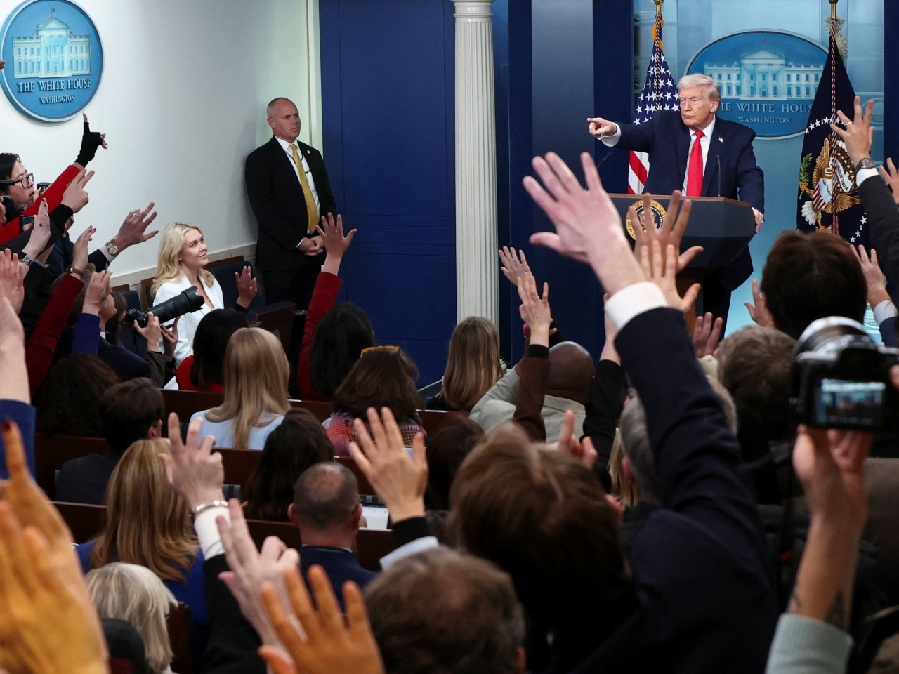 特朗普在白宮出席記者會。（路透社）