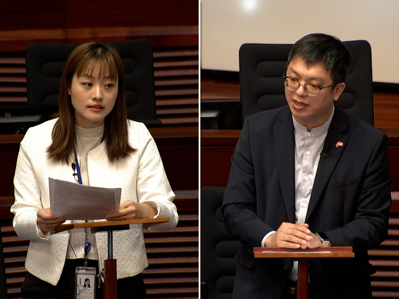 何啟明（右）指未來將透過人力推算及跟進調查，動態監察人力變化，不時檢視「人才清單」。張曼莉（左）表示，局方將會堅定不移地實現香港成為國際創科中心的願景。