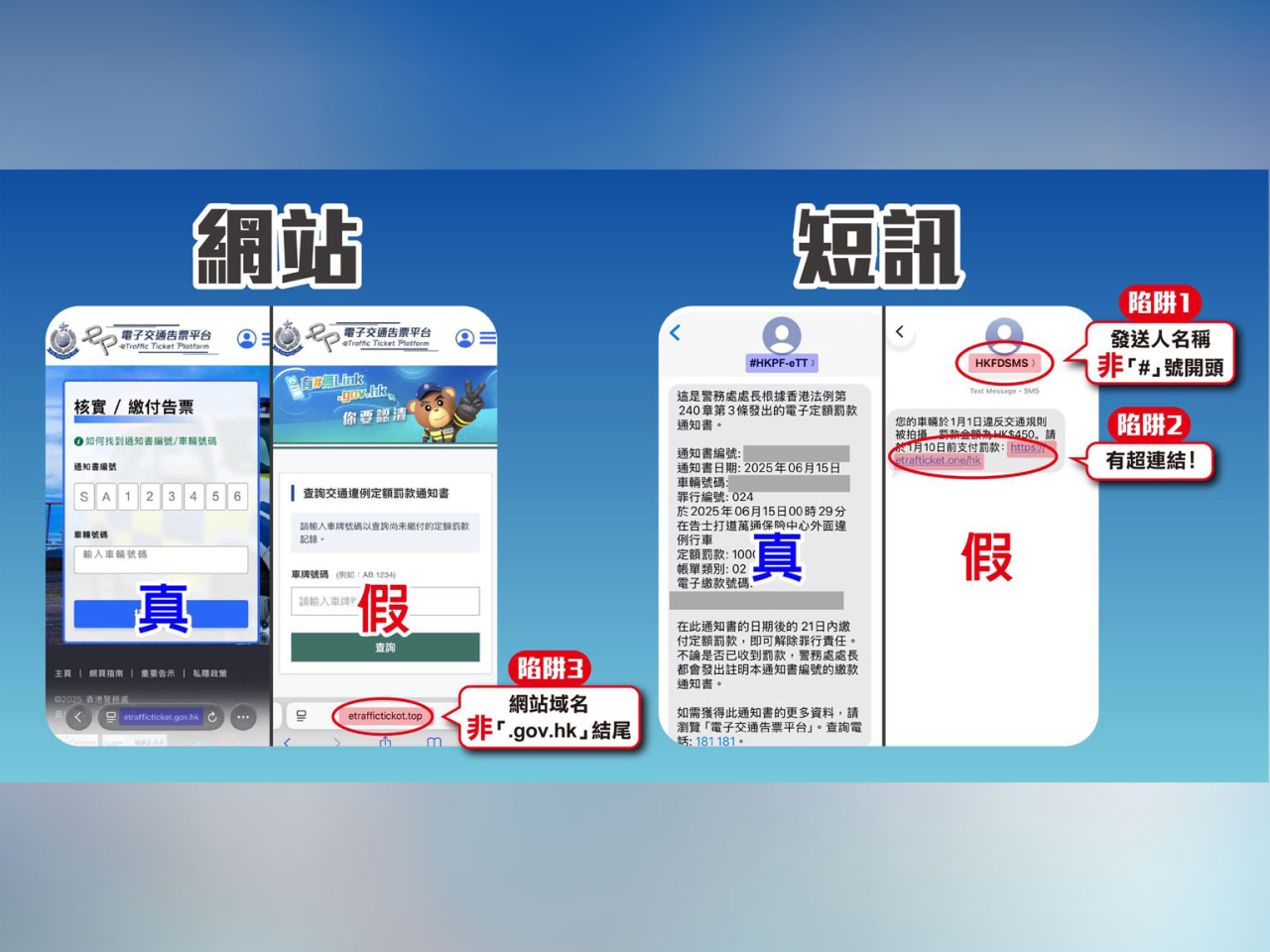 警方呼籲市民提高警覺，慎防聲稱由警務處「電子交通告票平台」發出的偽冒電子告票短訊。（政府新聞處）