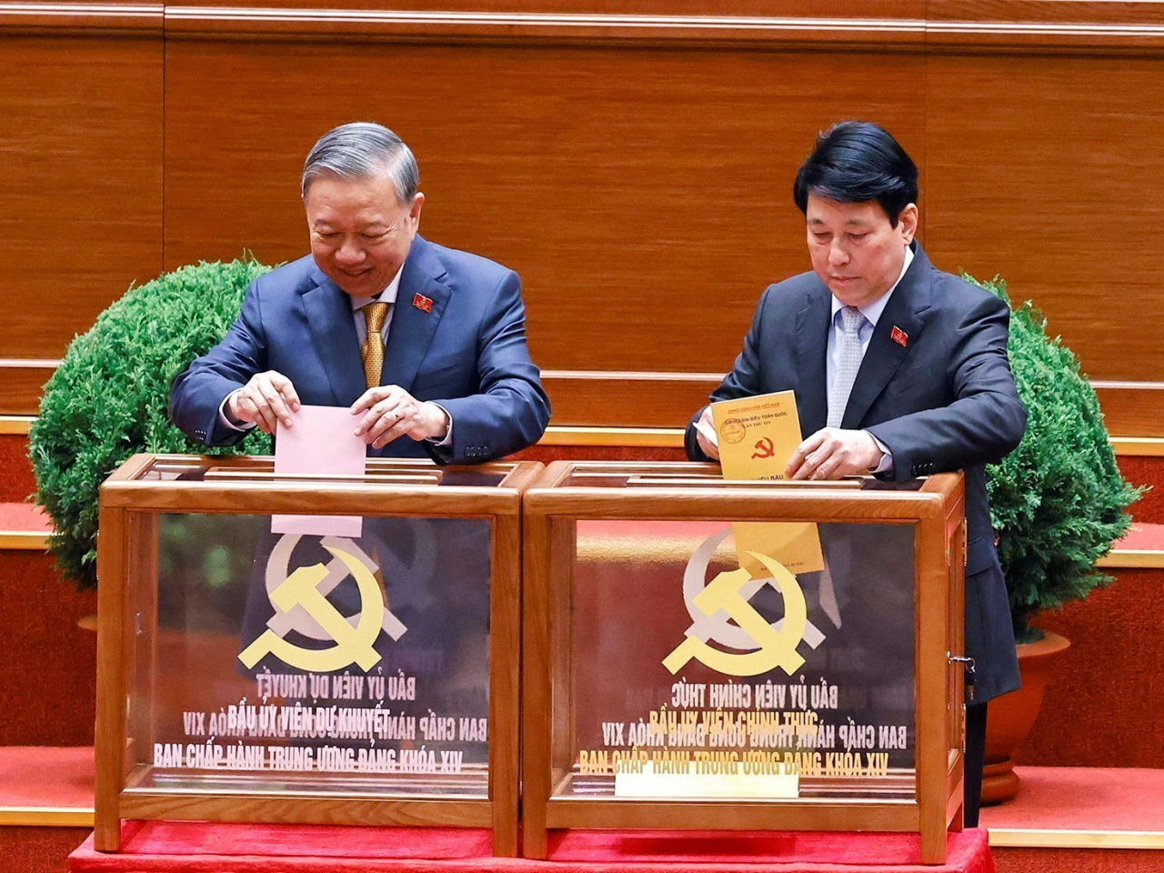 Vietnam&rsquo;s Communist Party general secretary To Lam, left, and President Luong Cuong cast votes in the party's central committee election in Hanoi. Photo: Reuters