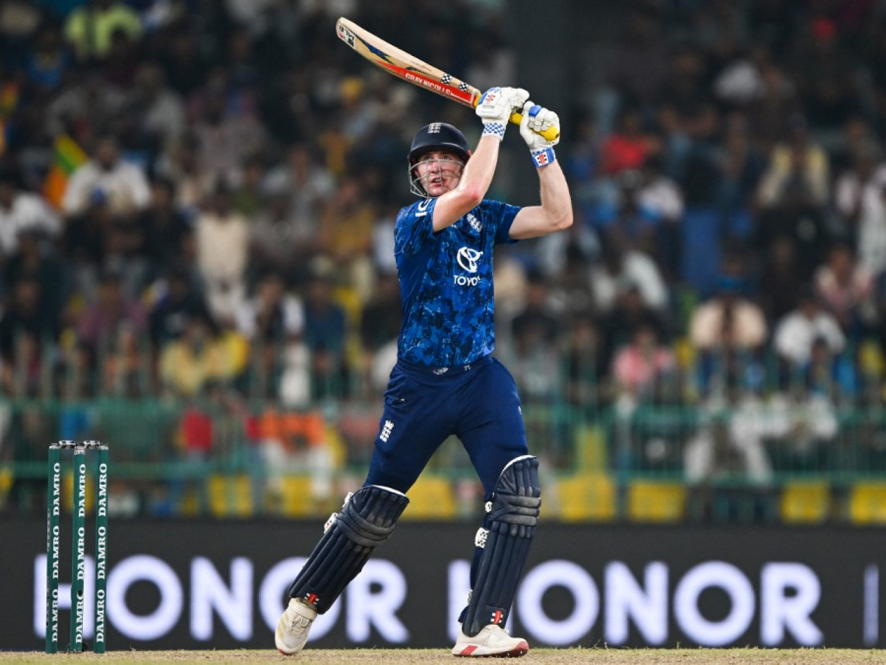 England captain Harry Brook's brutal 136 not out off just 66 balls was an exhibition of clean hitting that left the home attack gasping for air. Photo: AFP