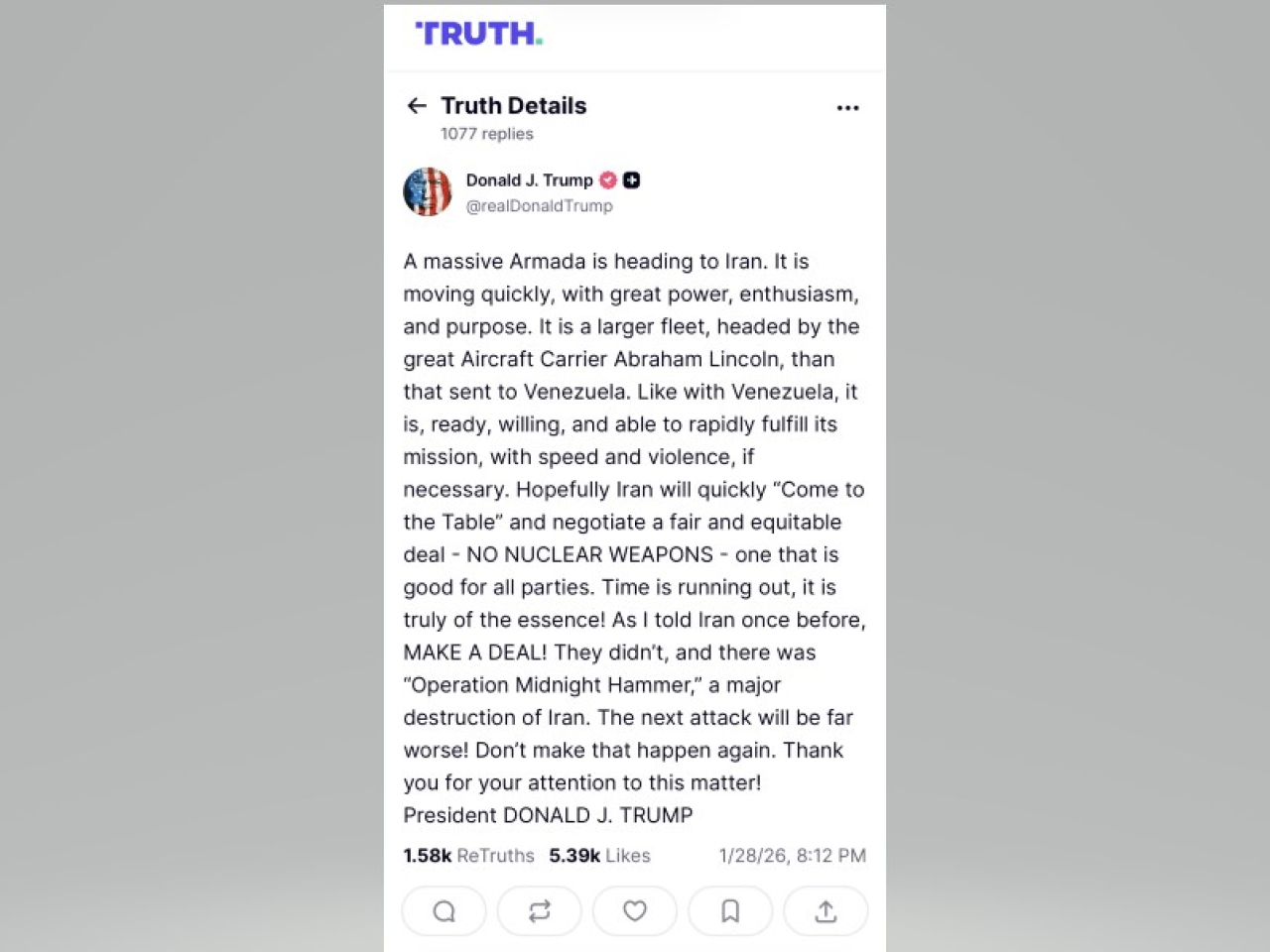 特朗普在旗下社交平台上說，一支龐大的艦隊正前往伊朗。（網絡截圖）