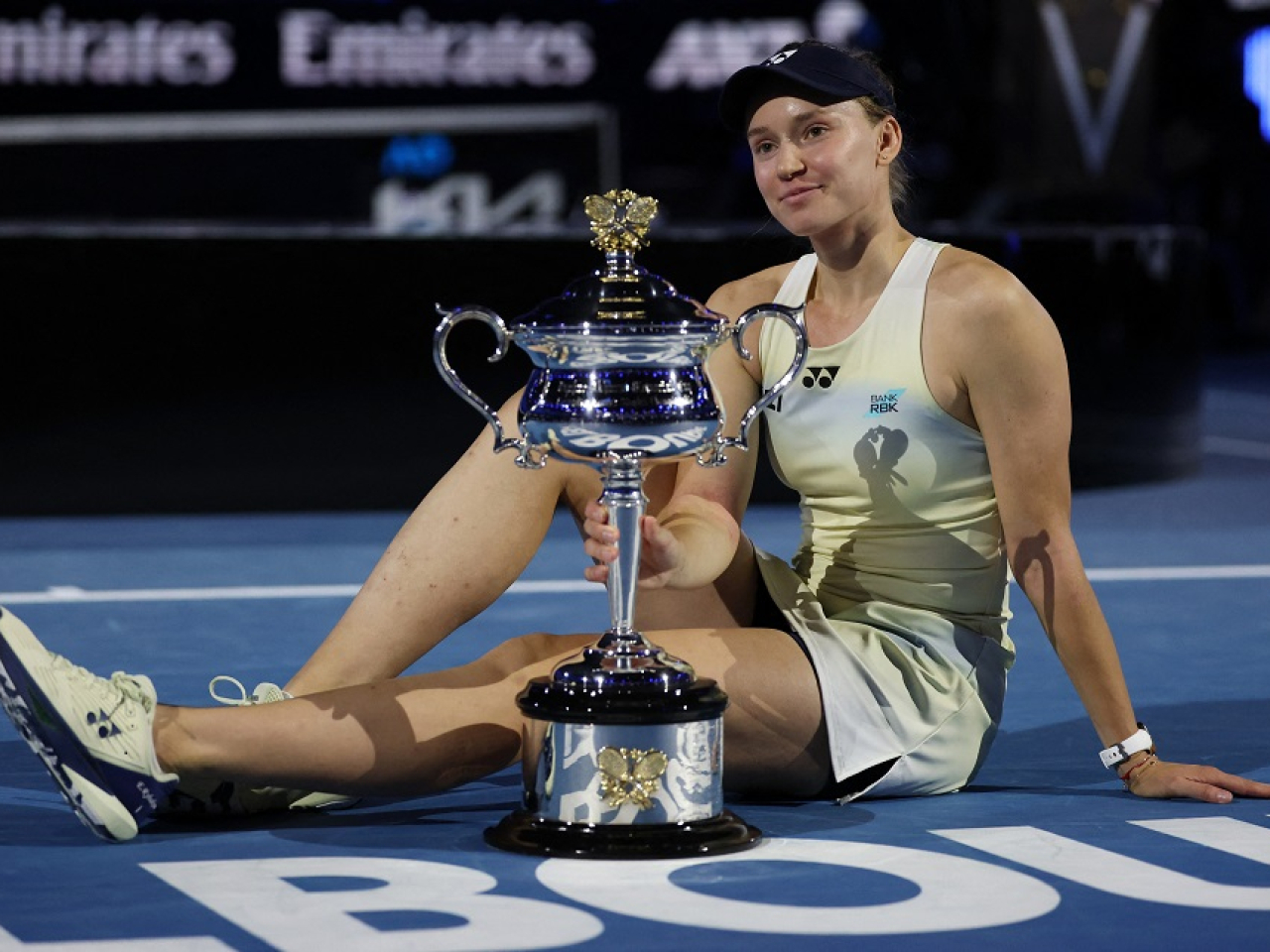 Kazakhstan's Elena Rybakina poses with the trophy after winning her women's singles final against Belarus' Aryna Sabalenka. Photo: Reuters