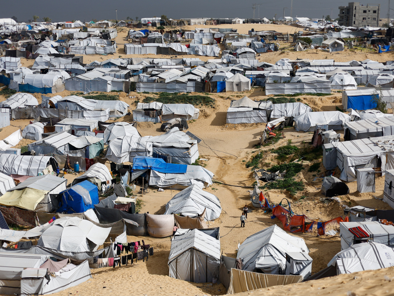 哈馬斯表示，無家可歸者在無法抵禦寒冷和雨水的臨時帳篷中棲身，處境日益惡化。（路透社）