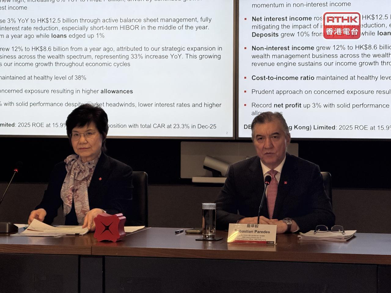 龐華毅（右）預計今年淨息差將下跌10至12點子。（趙嘉駿攝）