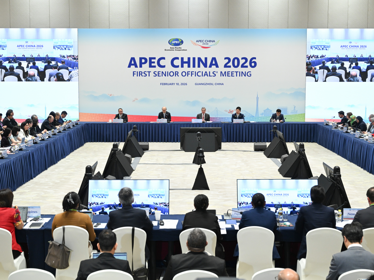 Wang Yi addresses the opening session of the First Senior Officials' Meeting of Apec China 2026 in Guangzhou. Photo: Xinhua