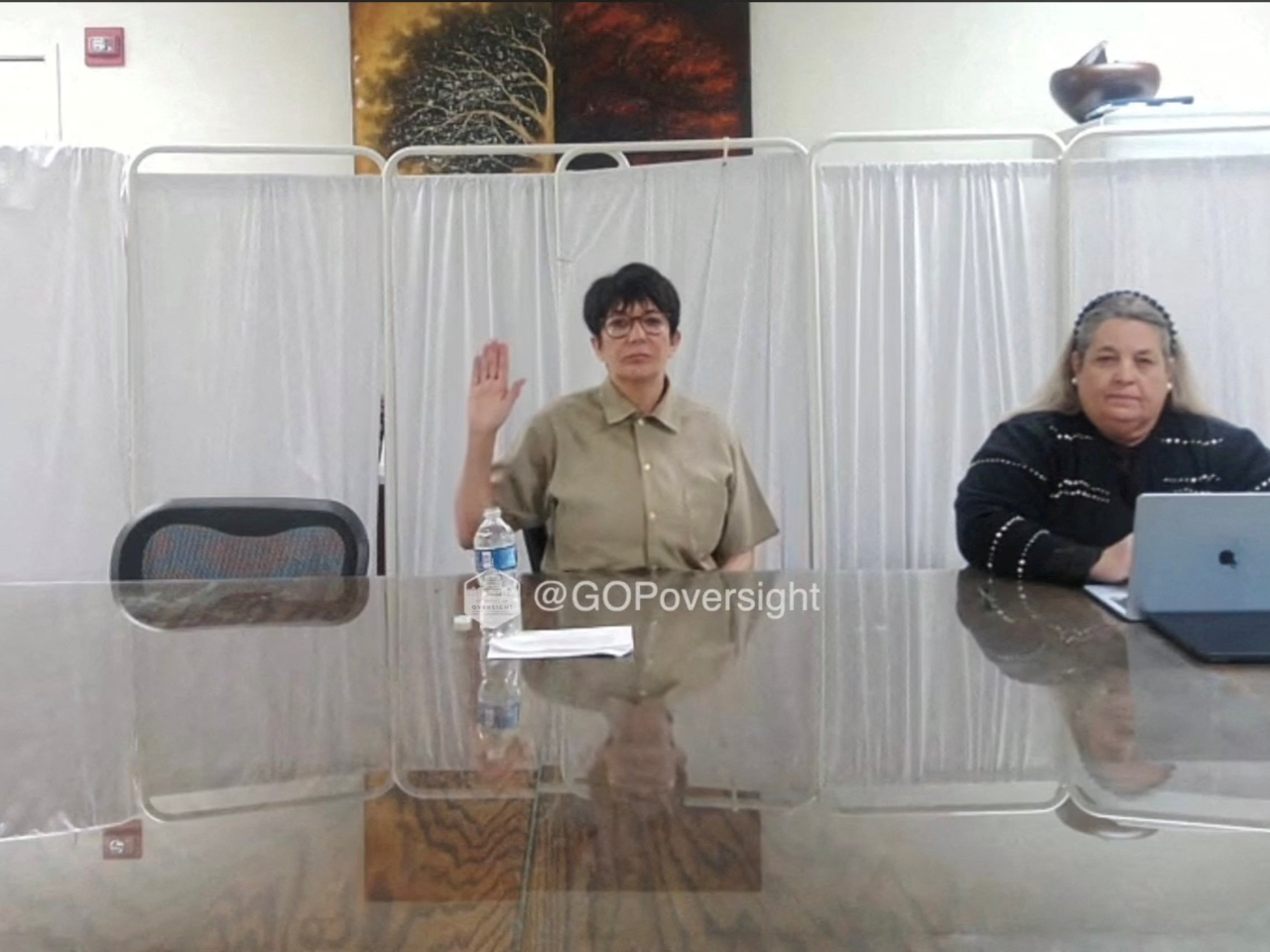 Ghislaine Maxwell is sworn in as part of a closed-door video deposition during a US House Oversight Committee hearing. Photo: Reuters