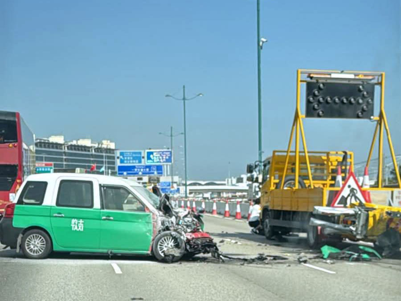 Photos posted online showed the front of the taxi and the rear of the road maintenance vehicle were damaged in the accident.
