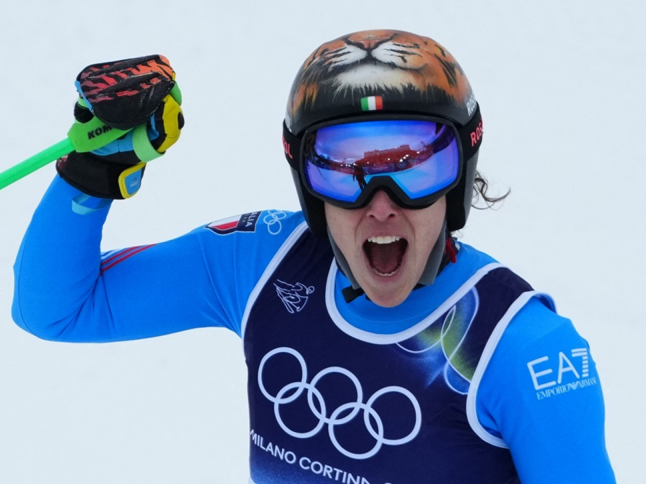 'The Tiger' lets out a roar after winning the super-G less than a year after breaking her leg. Photo: Reuters