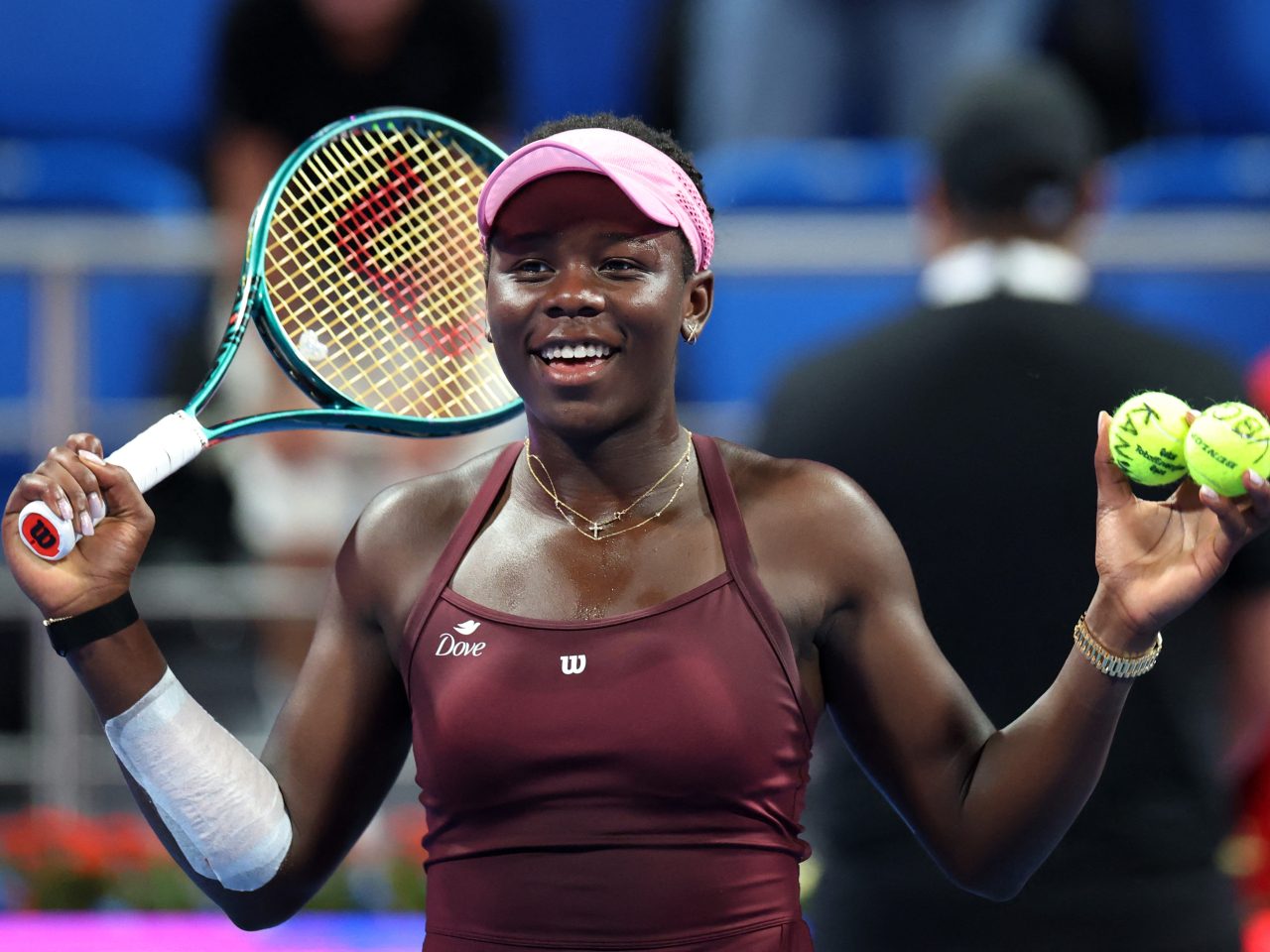 Canada's Victoria Mboko beams after winning her semi-final match against Latvia's Jelena Ostapenko in Doha, Qatar. Photo: Reuters