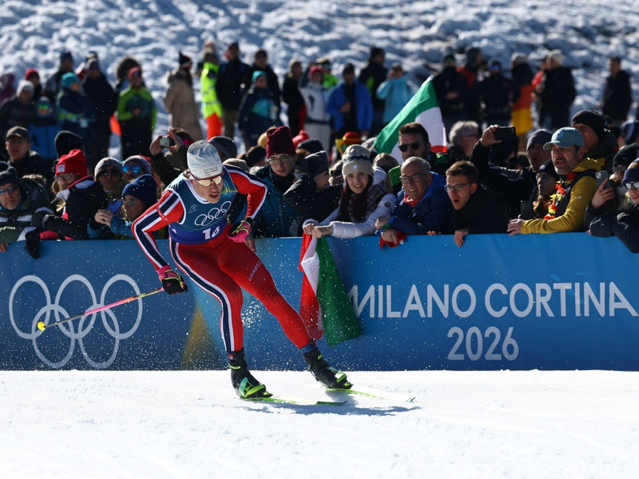 Norway's Johannes Klaebo leads his country's relay team home. Photo: Reuters