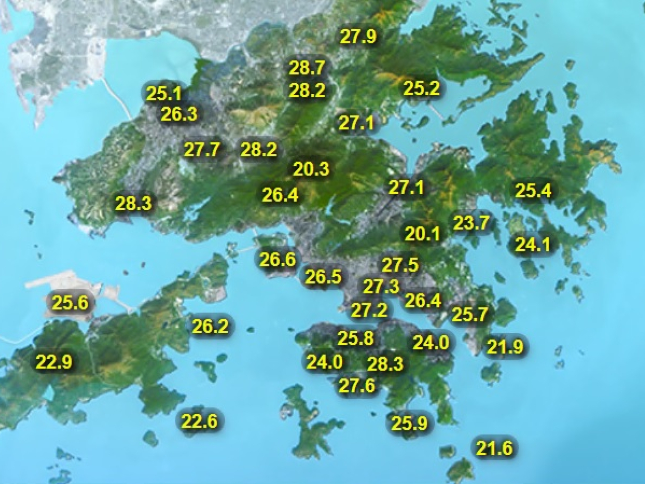 Temperatures across Hong Kong at 4.20pm on Monday. Image courtesy of observatory